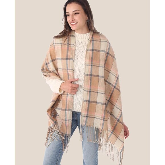 Women Beige Check Winter Warm Shawl Wraps Tartan Blanket Oversized Scarves - Picture 2 of 6